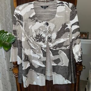Misook Knit Fly-Away Cardigan Sweater Gray Floral Women's Size XS